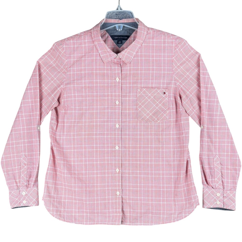 Tommy Hilfiger Women's Size L Red White Gingham Plaid Button Down Shirt‎ Casual